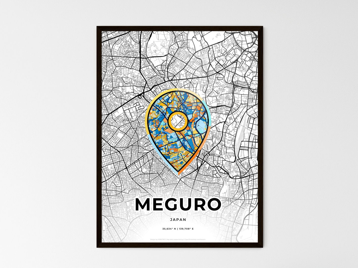 MEGURO JAPAN minimal art map with a colorful icon. Style 1