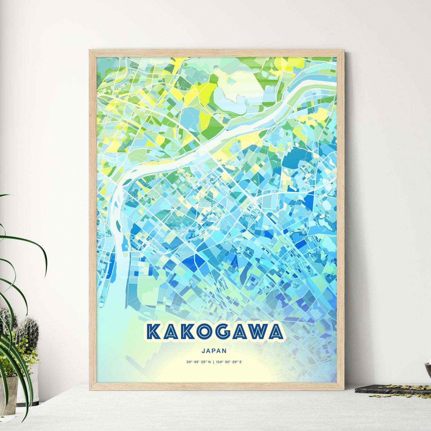 Colorful KAKOGAWA JAPAN Fine Art Map Cool Blue