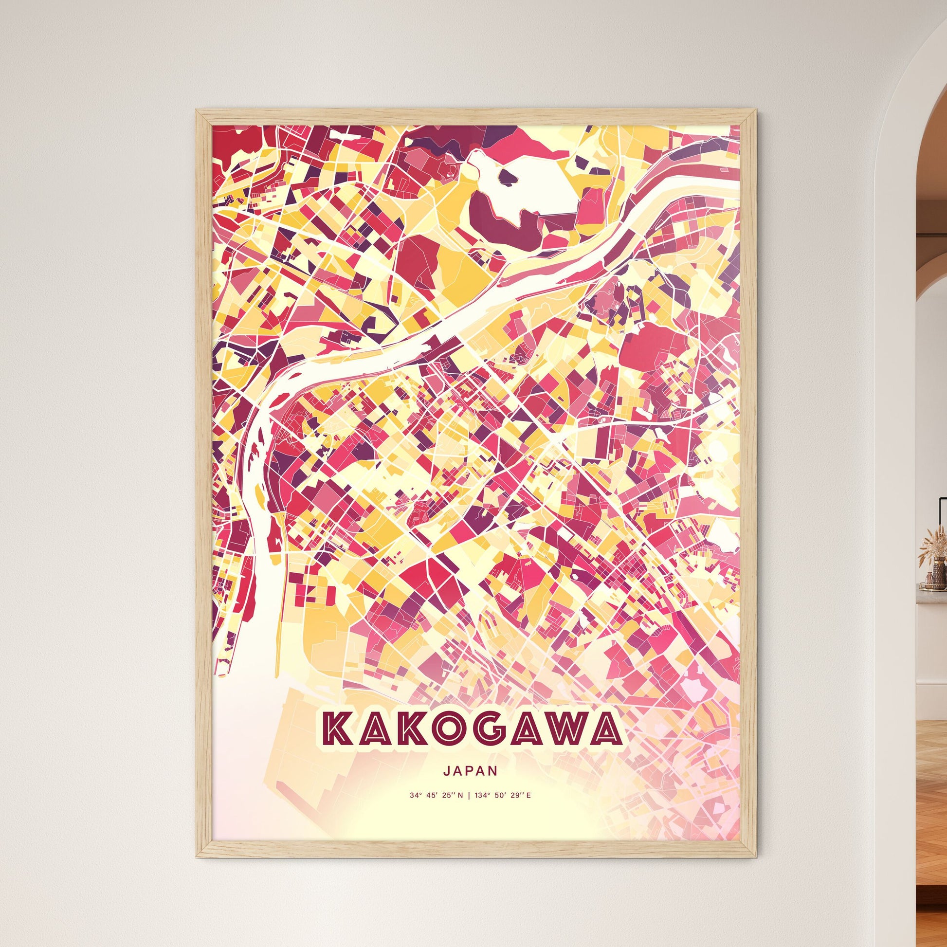 Colorful KAKOGAWA JAPAN Fine Art Map Hot Red