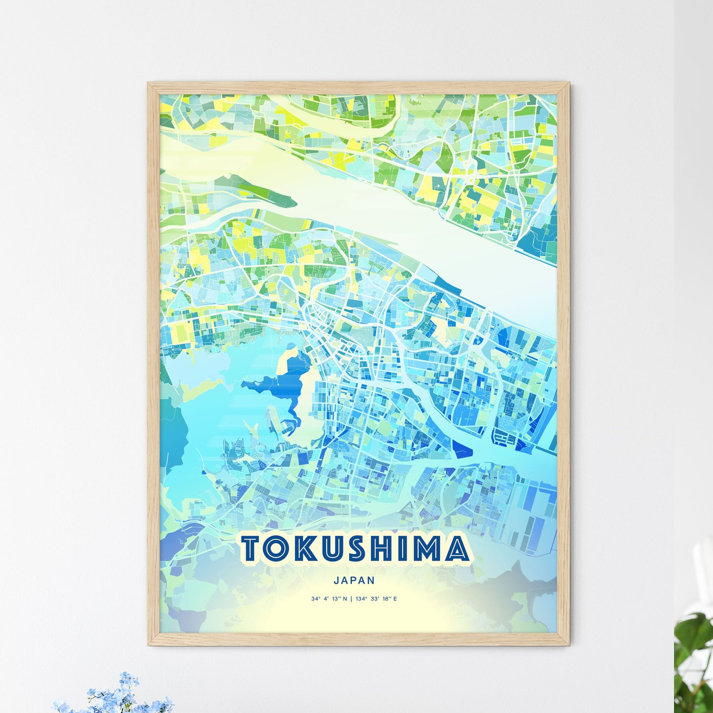 Colorful TOKUSHIMA JAPAN Fine Art Map Cool Blue