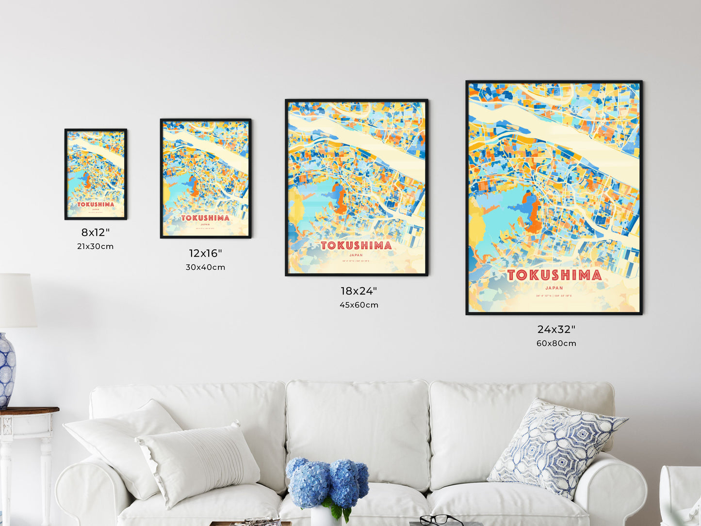 Colorful TOKUSHIMA JAPAN Fine Art Map Blue Orange