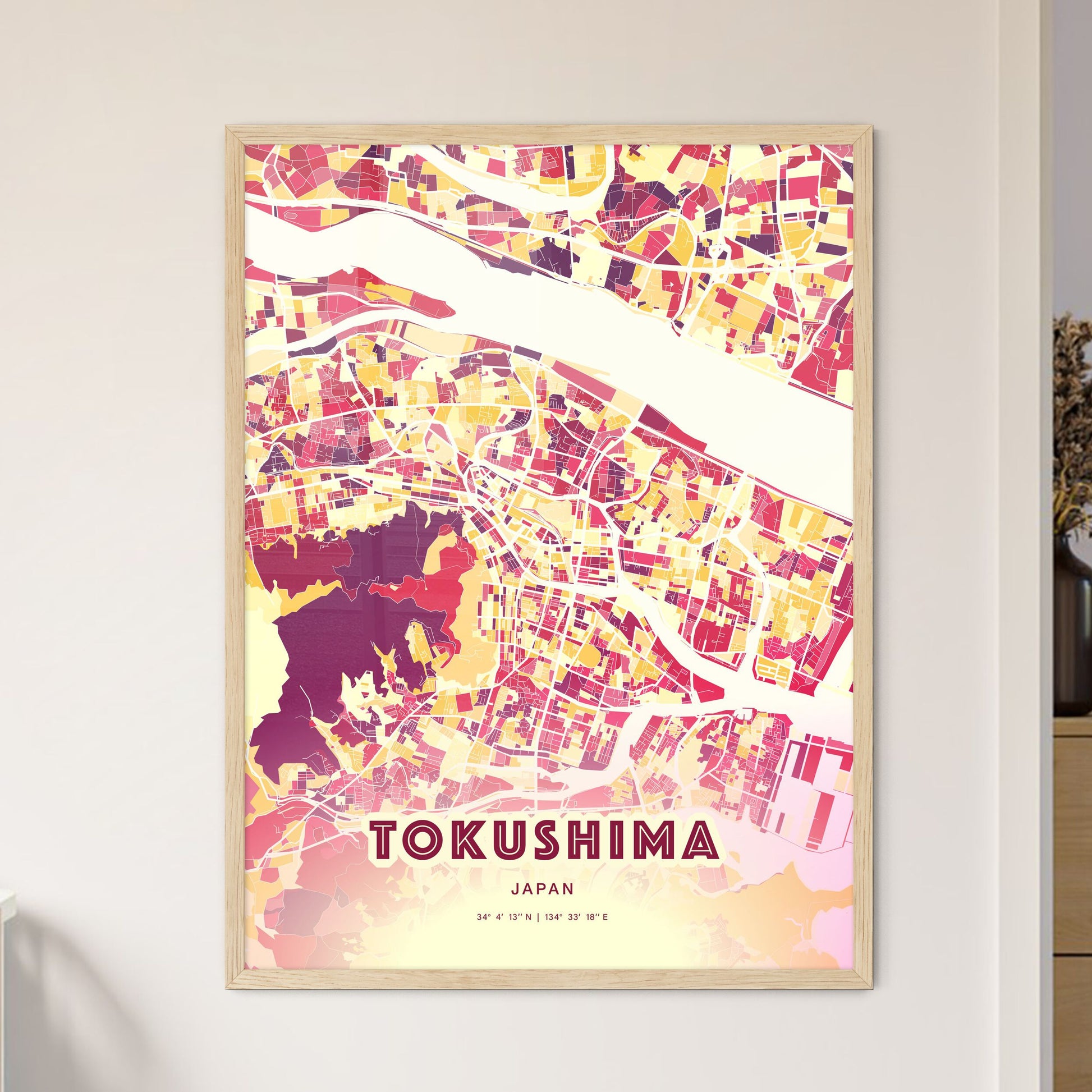 Colorful TOKUSHIMA JAPAN Fine Art Map Hot Red