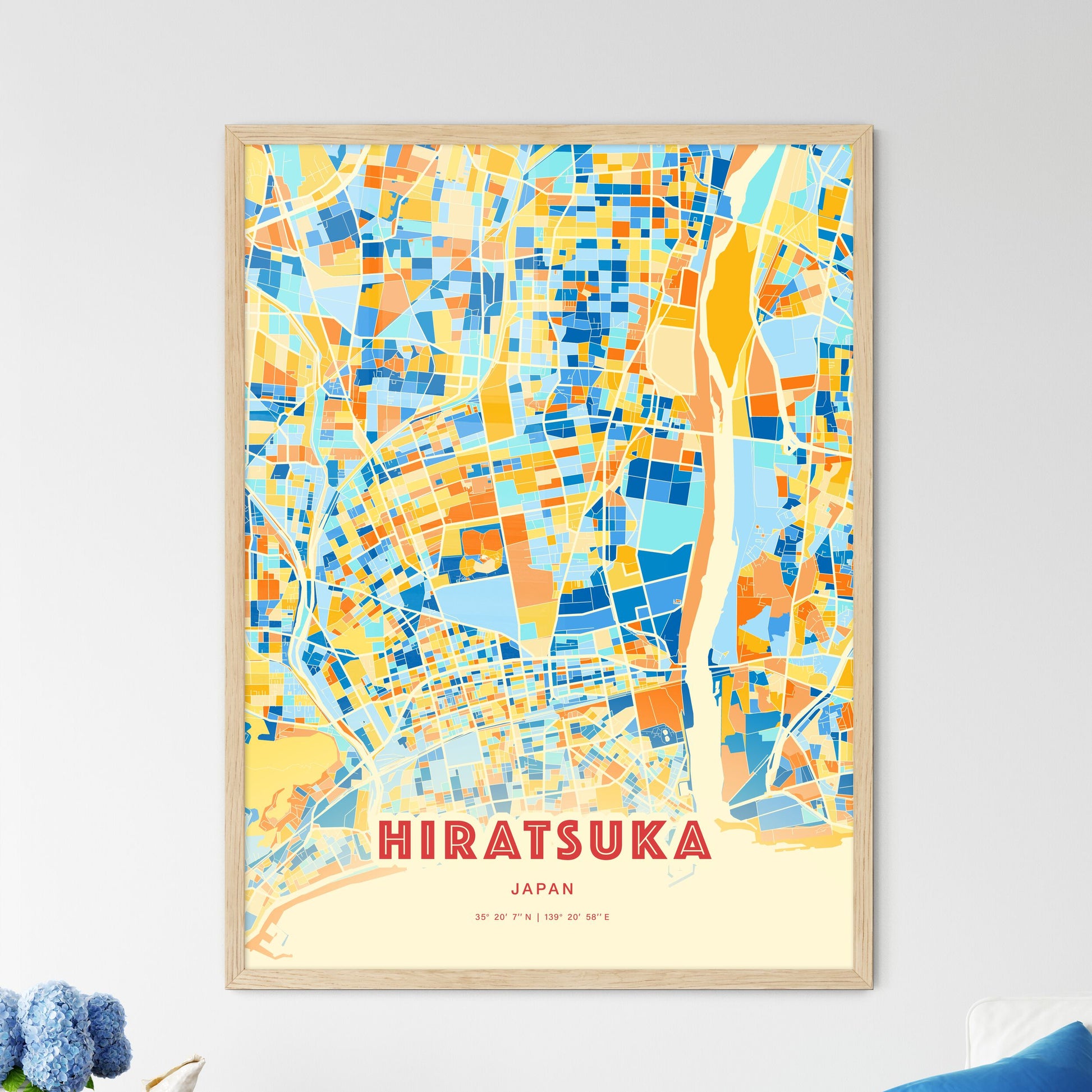 Colorful HIRATSUKA JAPAN Fine Art Map Blue Orange