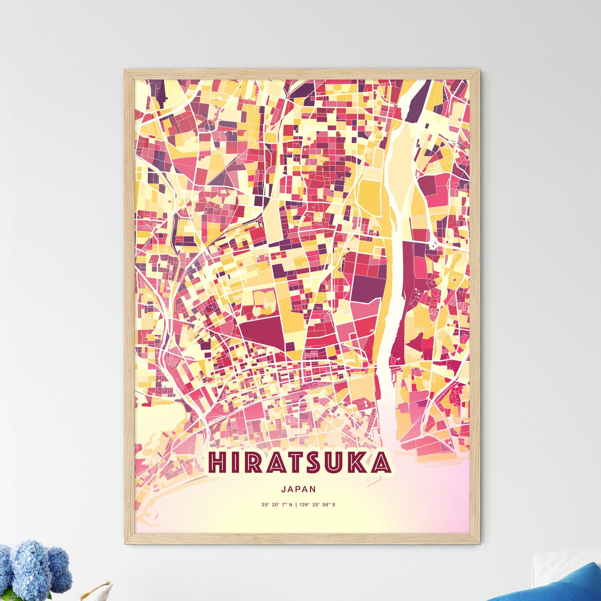 Colorful HIRATSUKA JAPAN Fine Art Map Hot Red