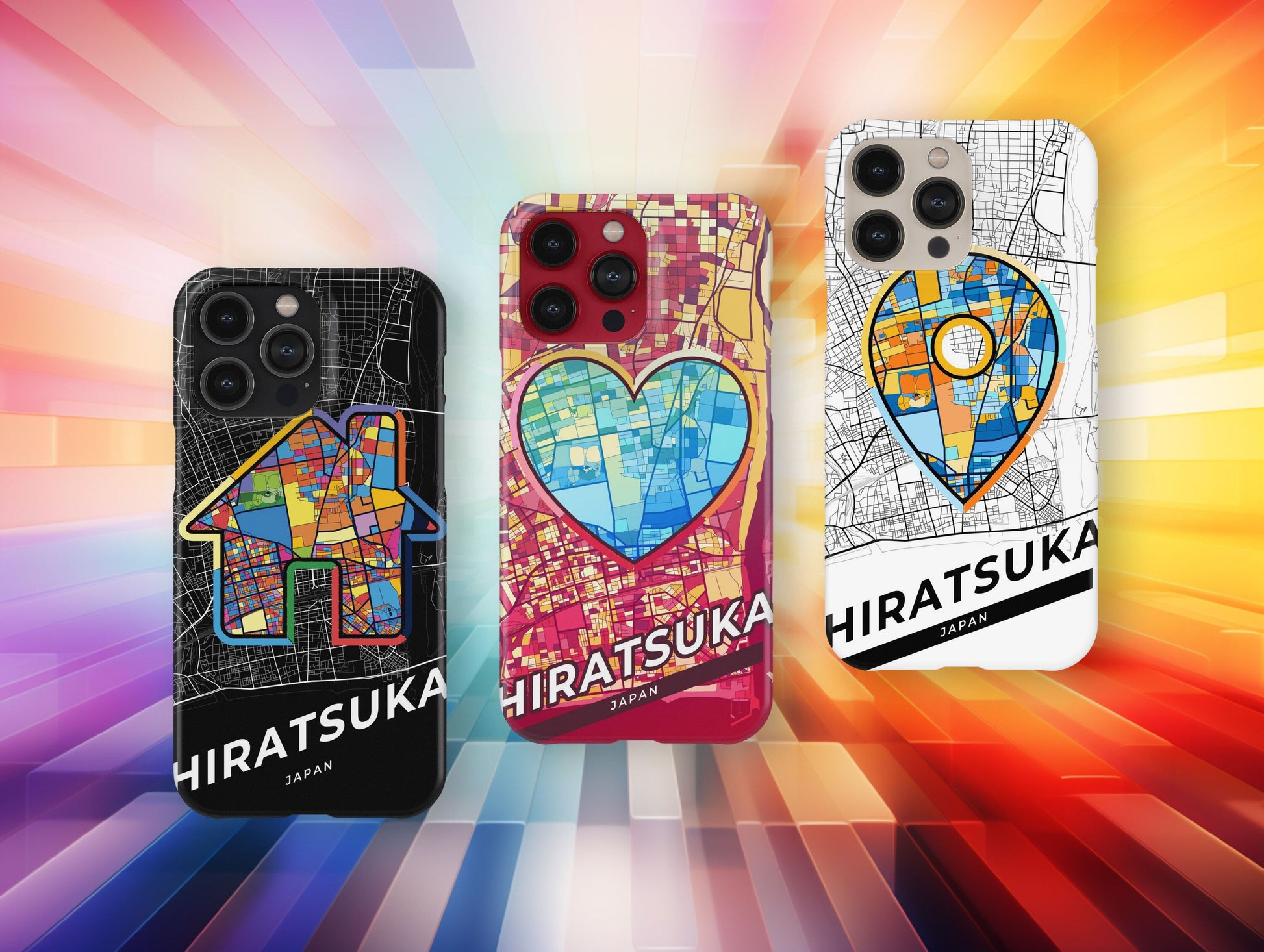 Hiratsuka Japan slim phone case with colorful icon. Birthday, wedding or housewarming gift. Couple match cases.