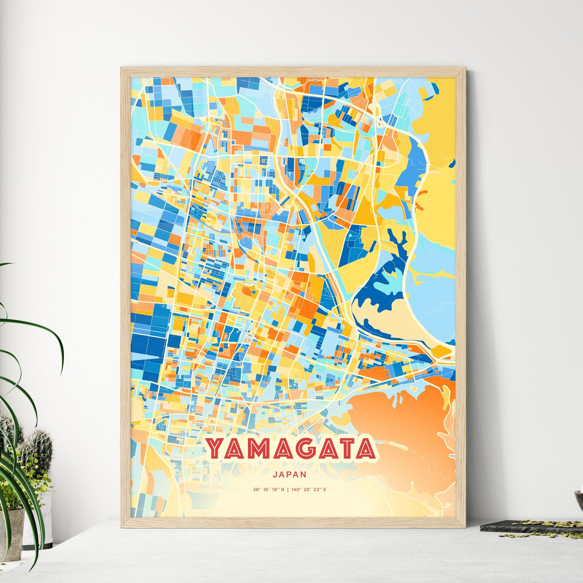 Colorful YAMAGATA JAPAN Fine Art Map Blue Orange