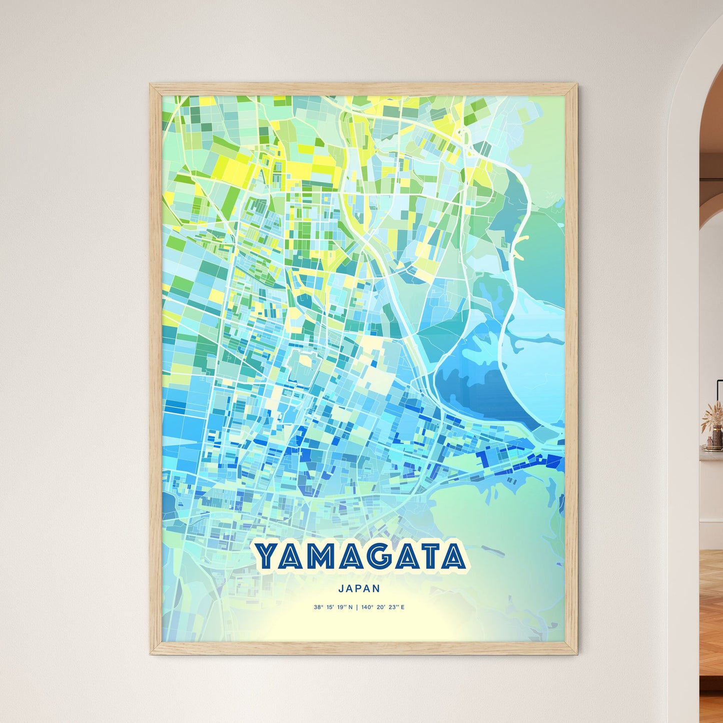 Colorful YAMAGATA JAPAN Fine Art Map Cool Blue