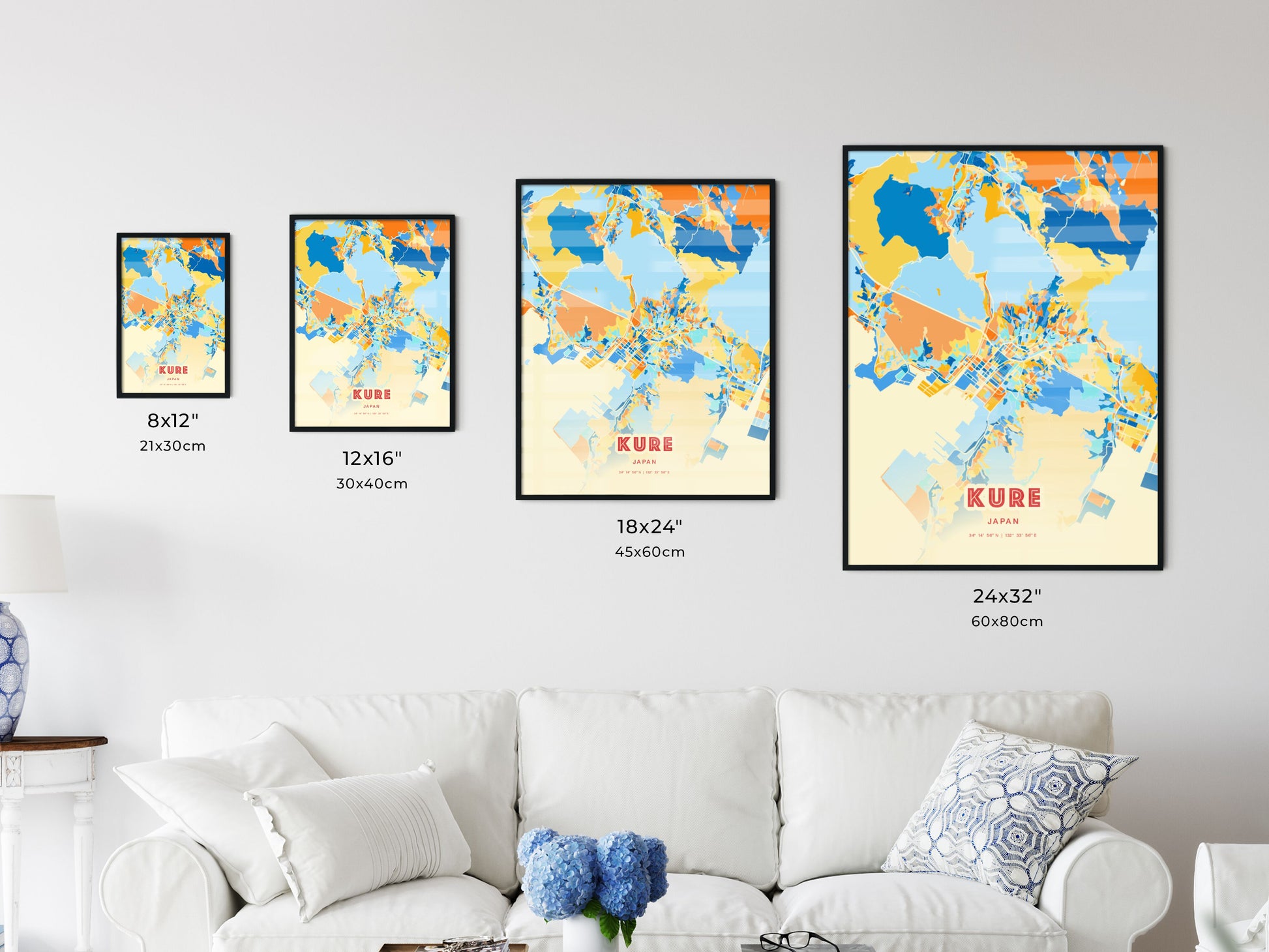 Colorful KURE JAPAN Fine Art Map Blue Orange