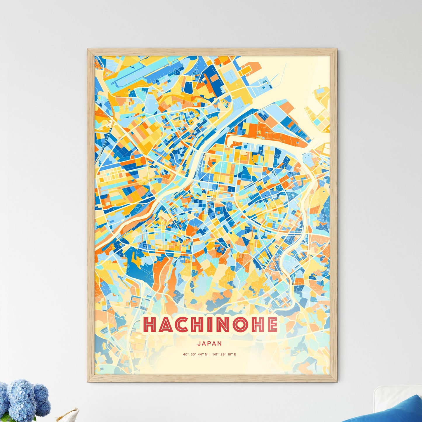 Colorful HACHINOHE JAPAN Fine Art Map Blue Orange