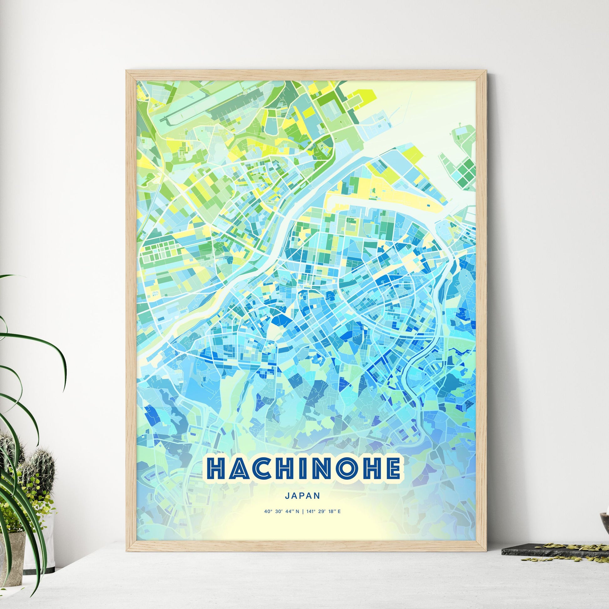 Colorful HACHINOHE JAPAN Fine Art Map Cool Blue