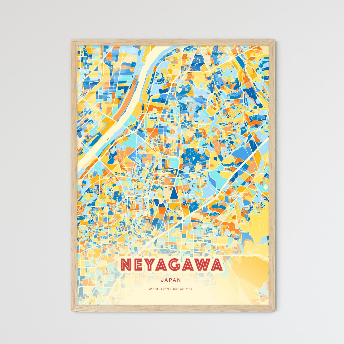 Colorful NEYAGAWA JAPAN Fine Art Map Blue Orange