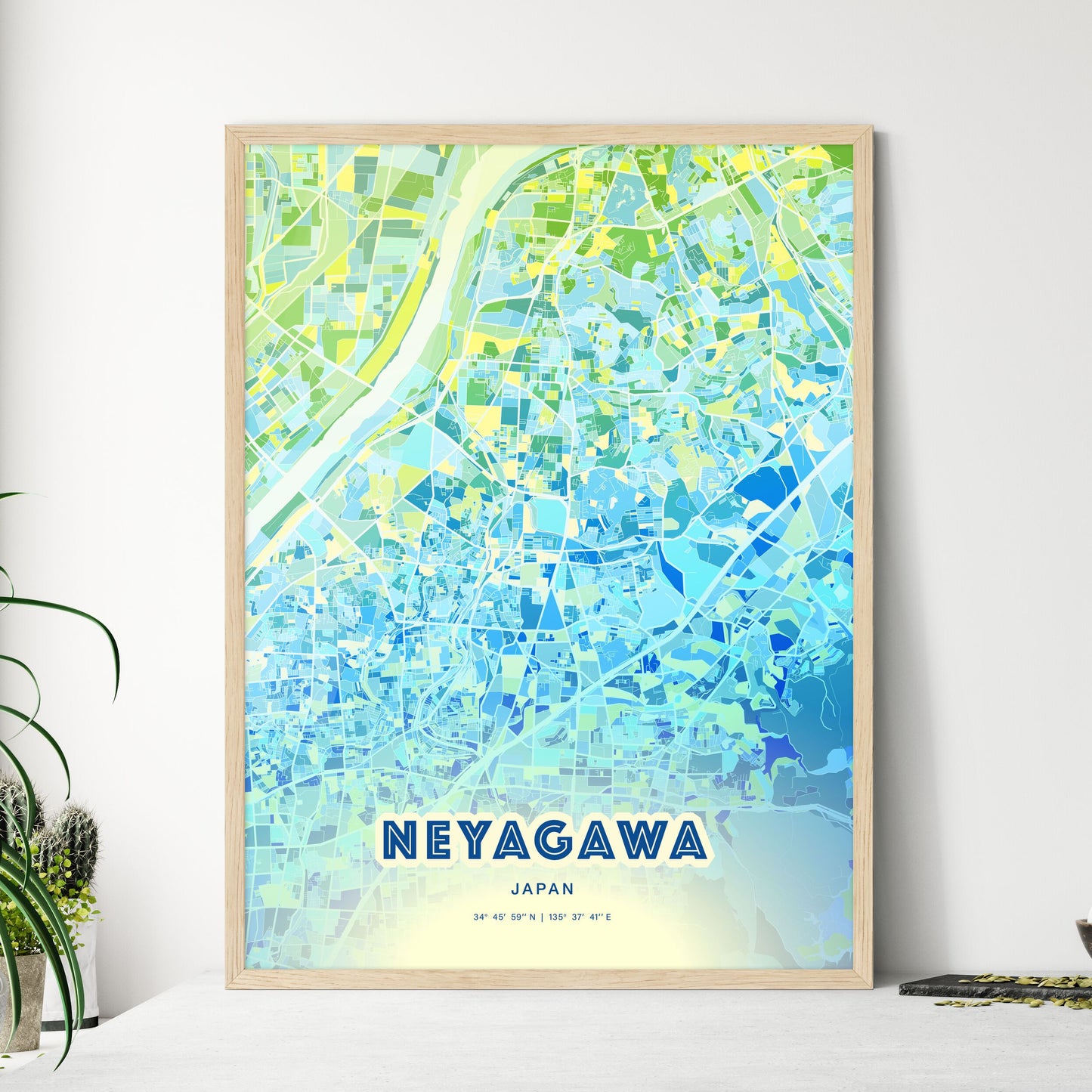 Colorful NEYAGAWA JAPAN Fine Art Map Cool Blue