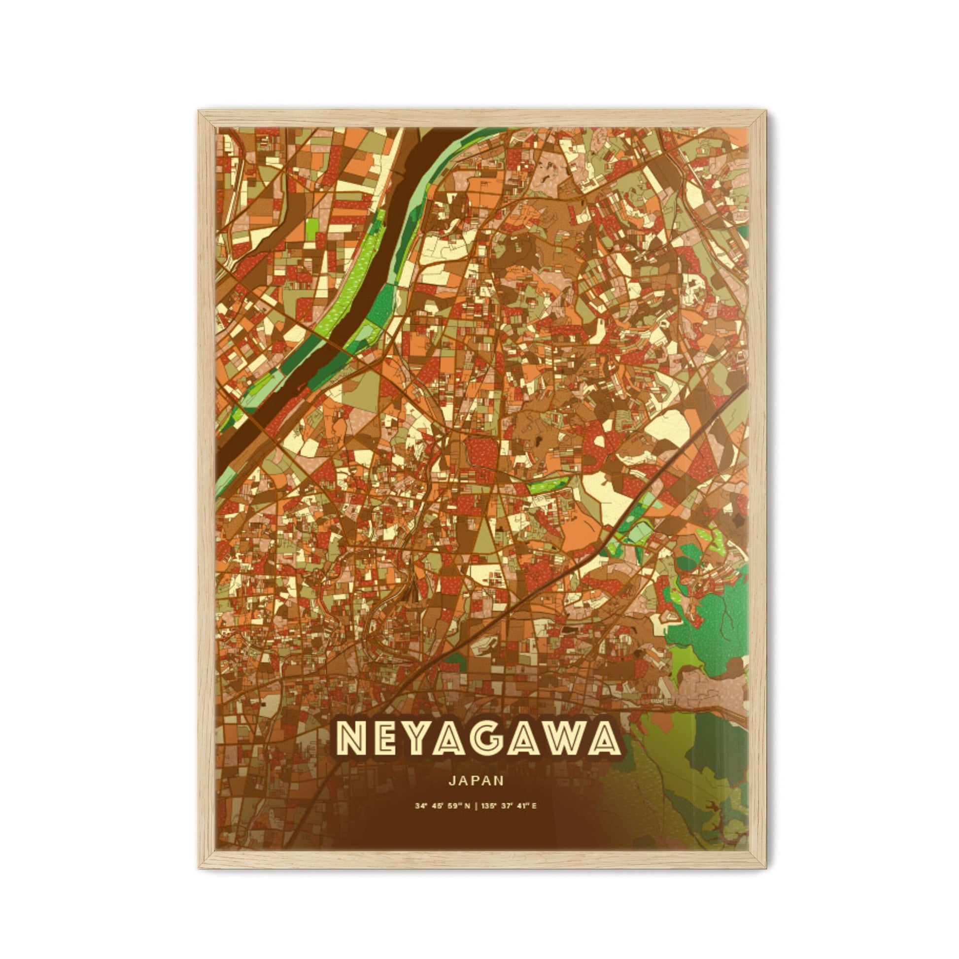 Colorful NEYAGAWA JAPAN Fine Art Map Farmhouse