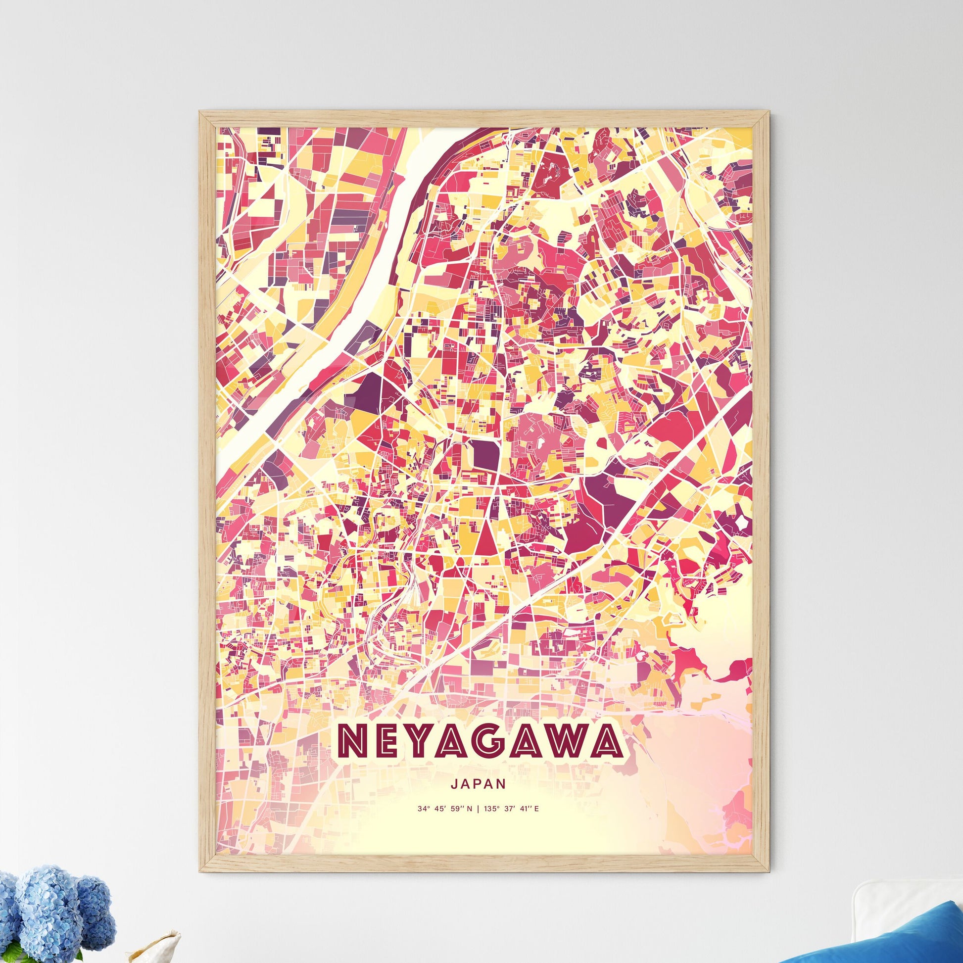 Colorful NEYAGAWA JAPAN Fine Art Map Hot Red