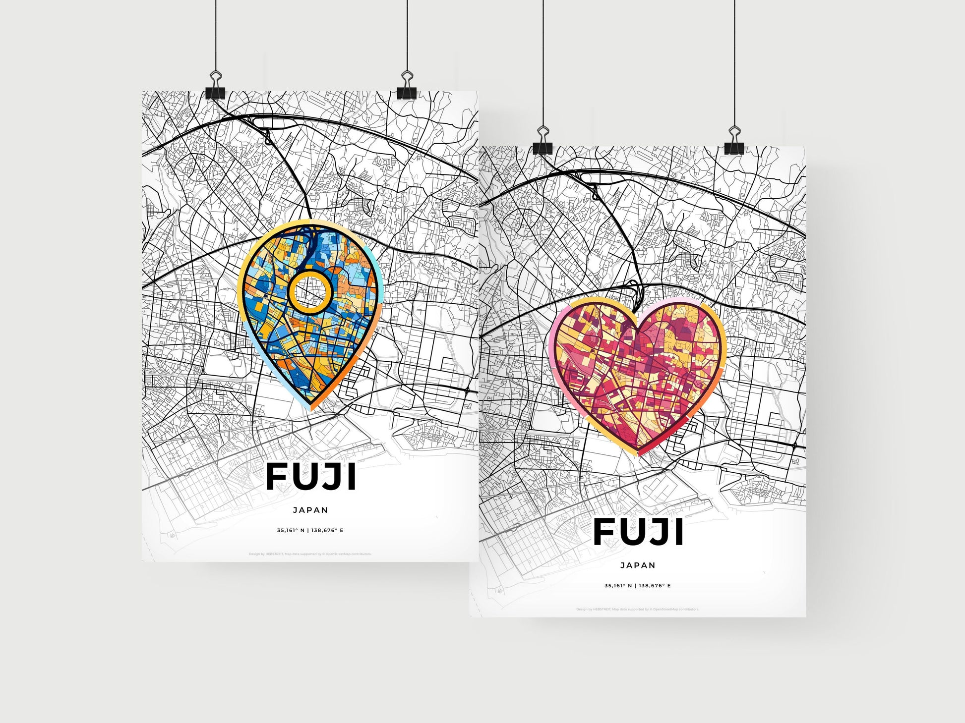 FUJI JAPAN minimal art map with a colorful icon. Where it all began, Couple map gift.