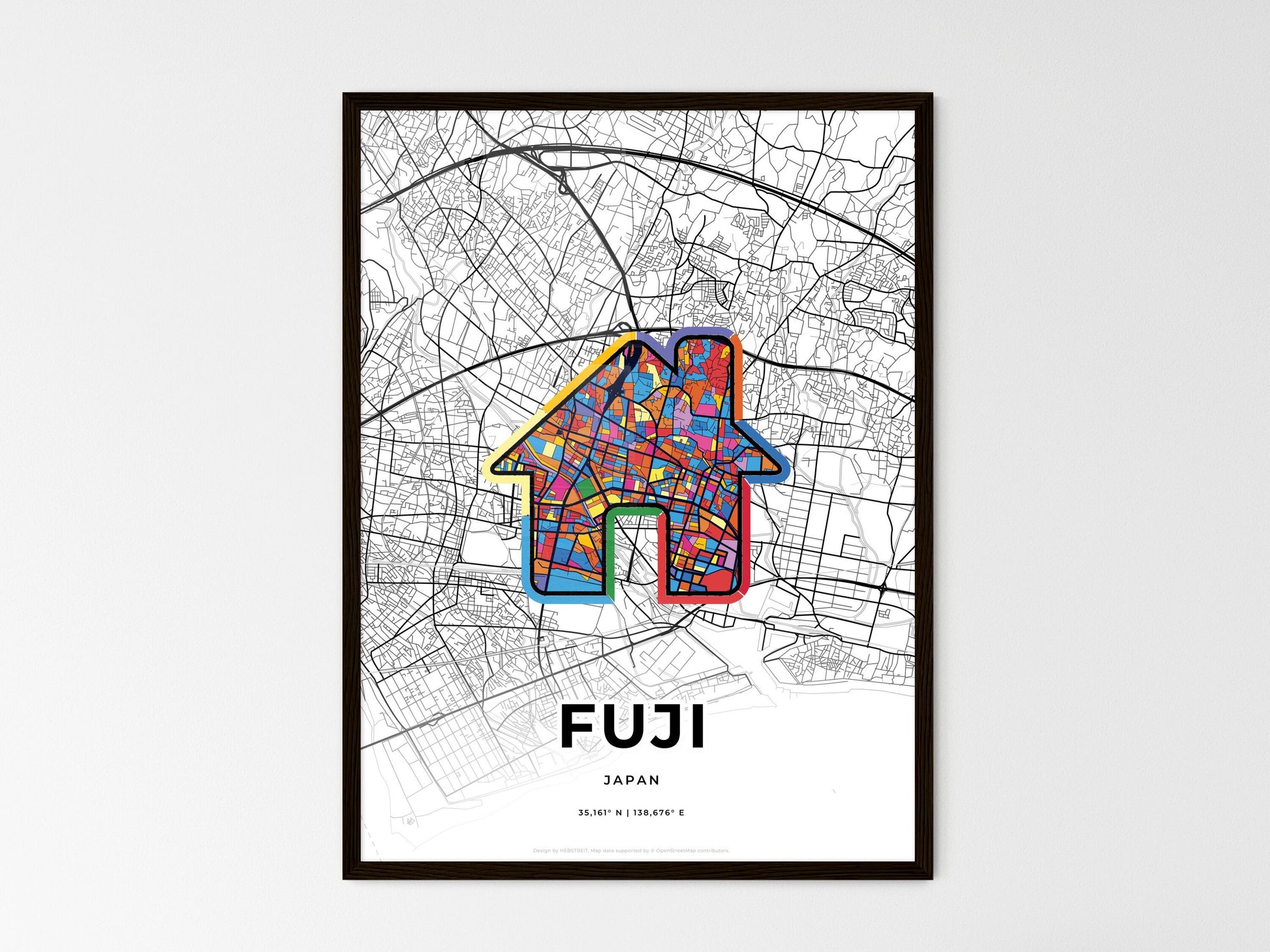FUJI JAPAN minimal art map with a colorful icon. Where it all began, Couple map gift. Style 3