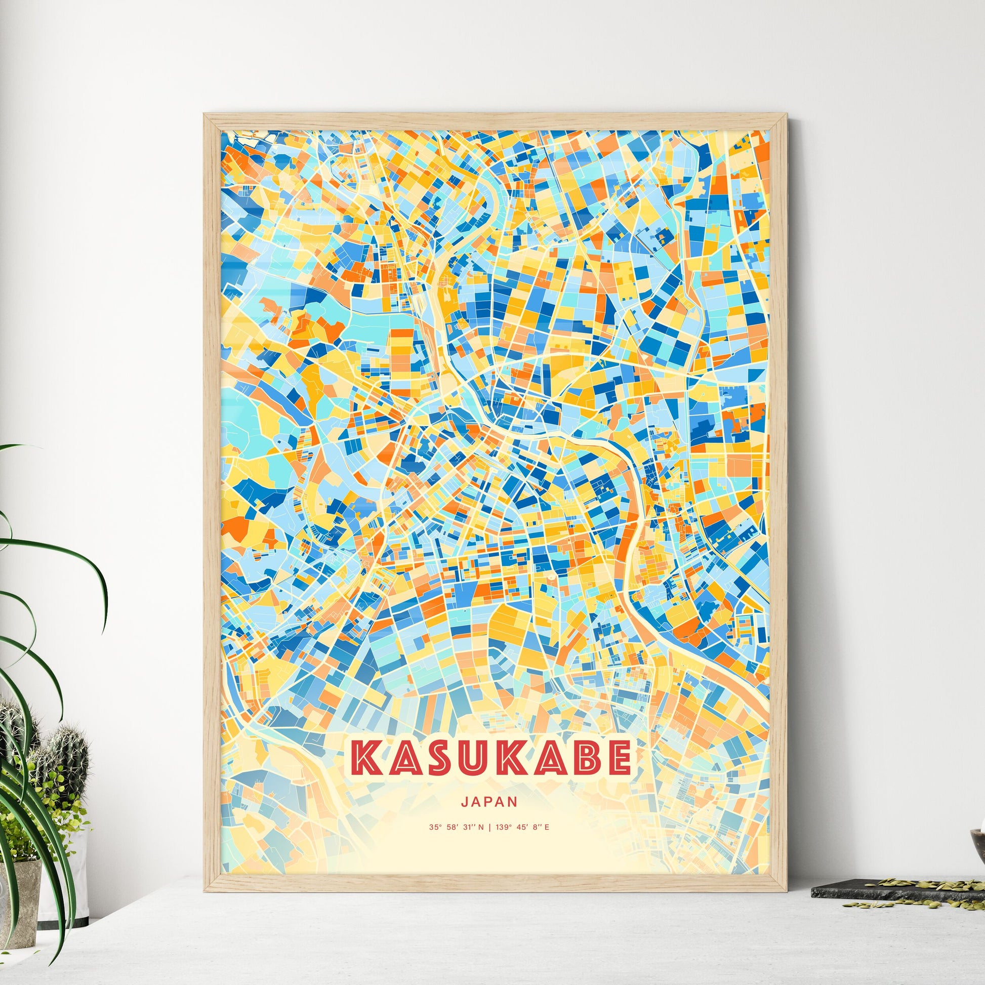 Colorful KASUKABE JAPAN Fine Art Map Blue Orange