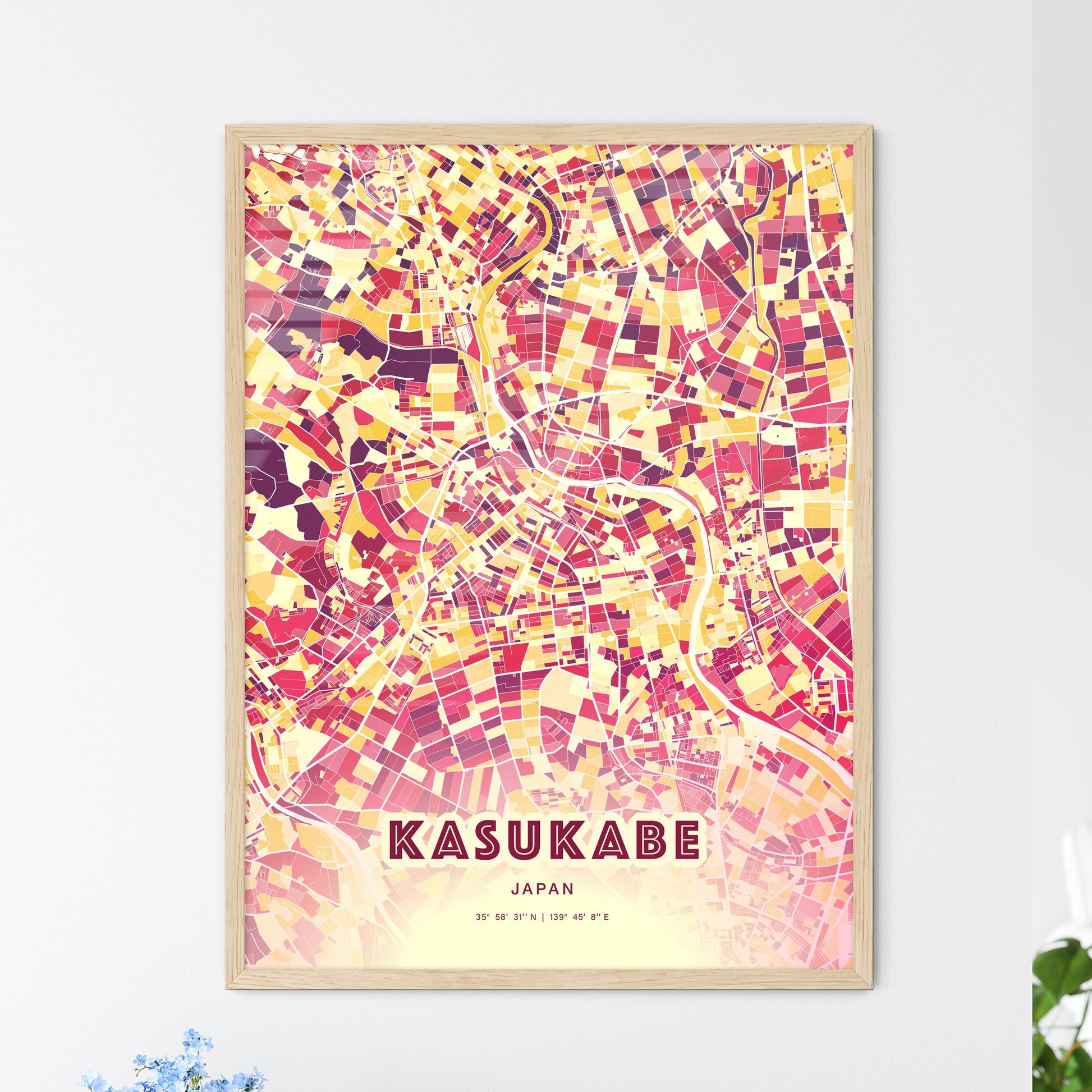 Colorful KASUKABE JAPAN Fine Art Map Hot Red