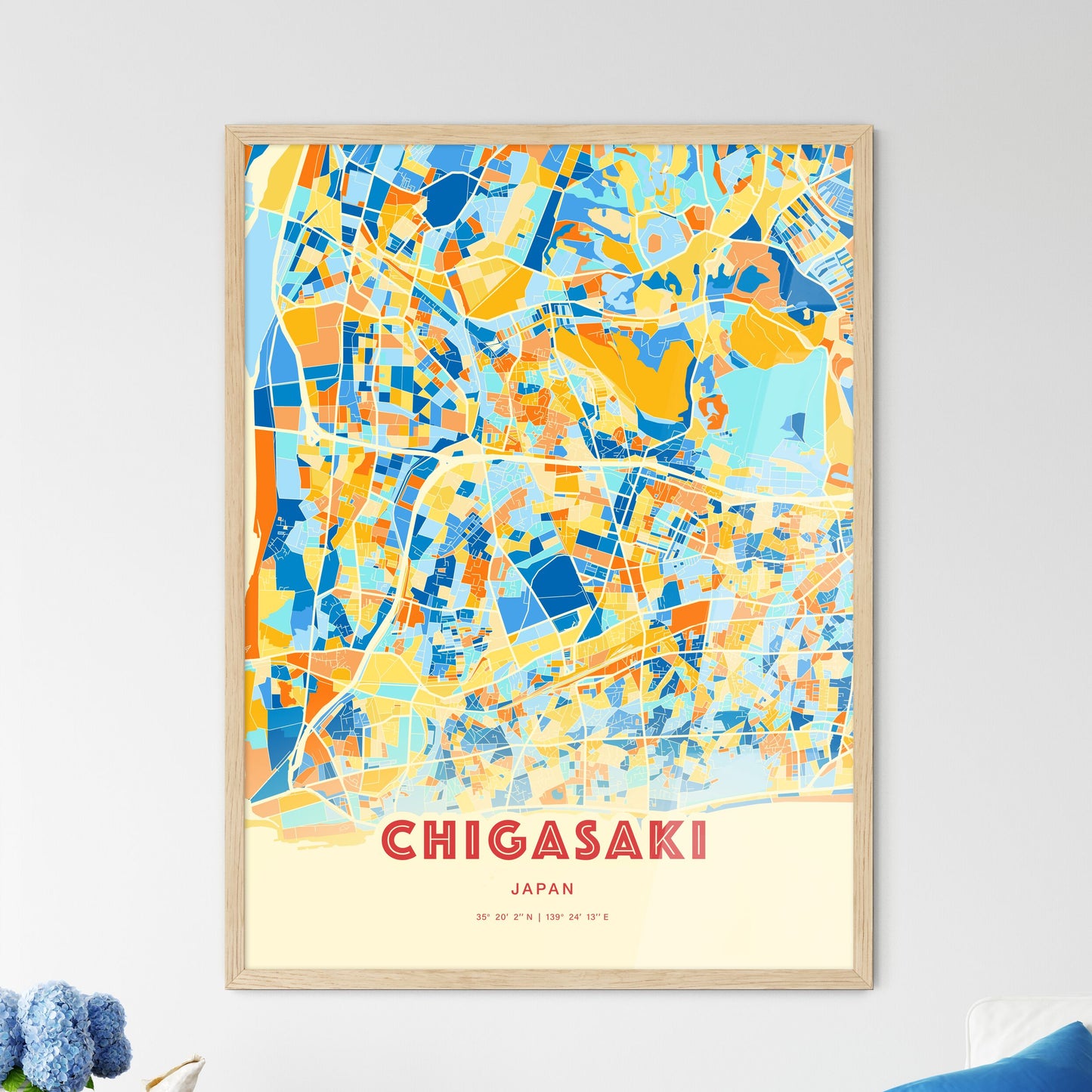 Colorful CHIGASAKI JAPAN Fine Art Map Blue Orange