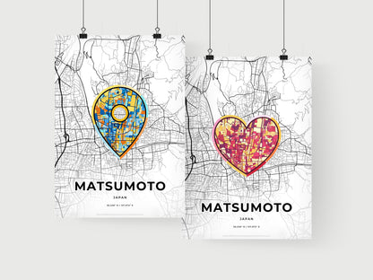 MATSUMOTO JAPAN minimal art map with a colorful icon. Where it all began, Couple map gift.