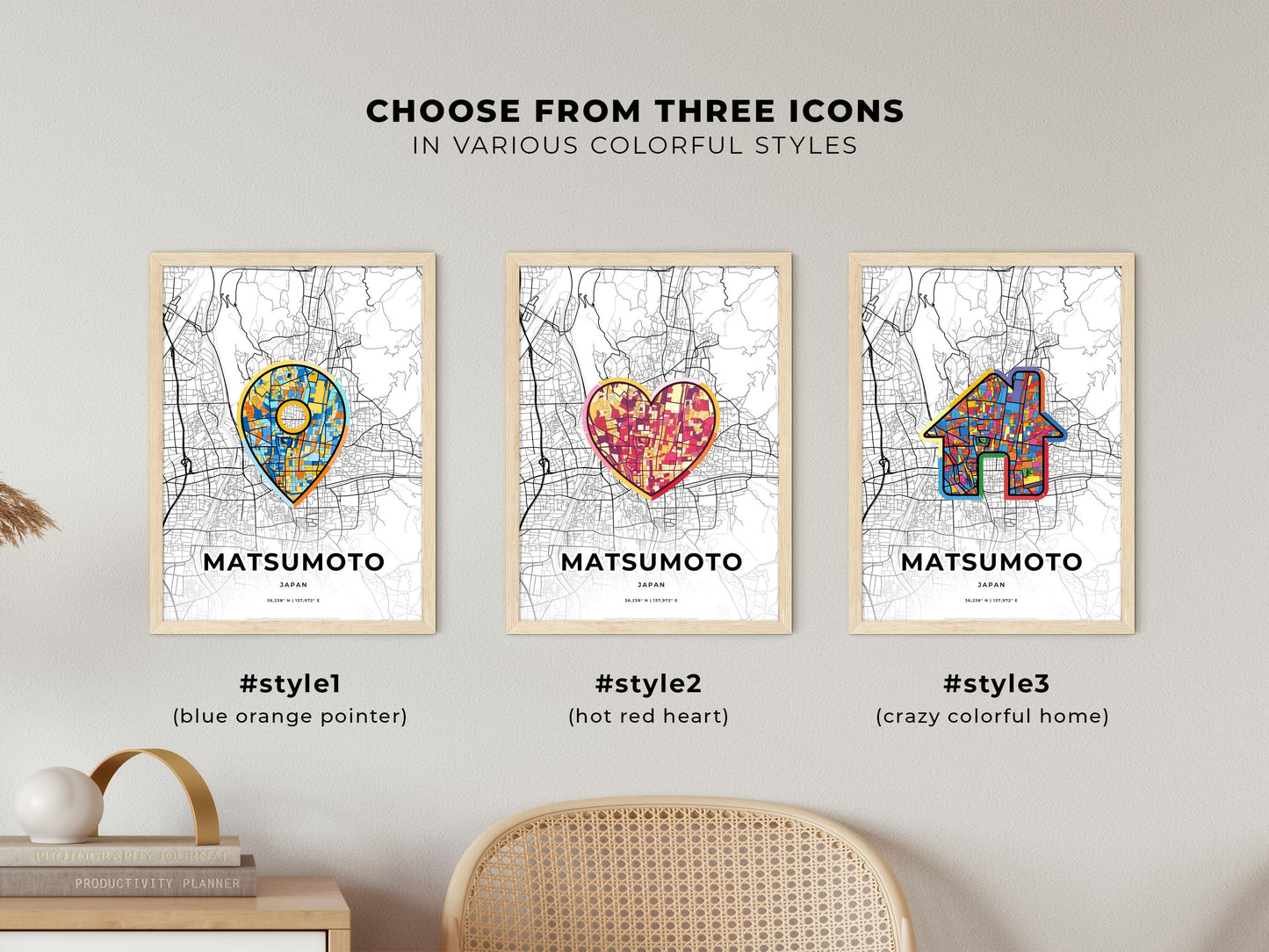 MATSUMOTO JAPAN minimal art map with a colorful icon. Where it all began, Couple map gift.