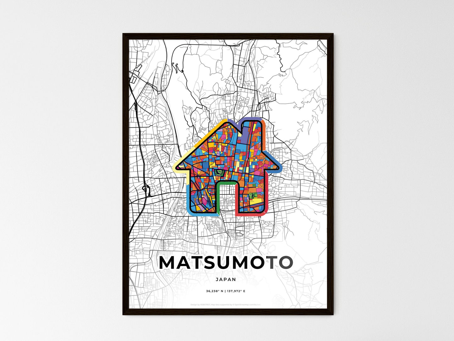 MATSUMOTO JAPAN minimal art map with a colorful icon. Where it all began, Couple map gift. Style 3