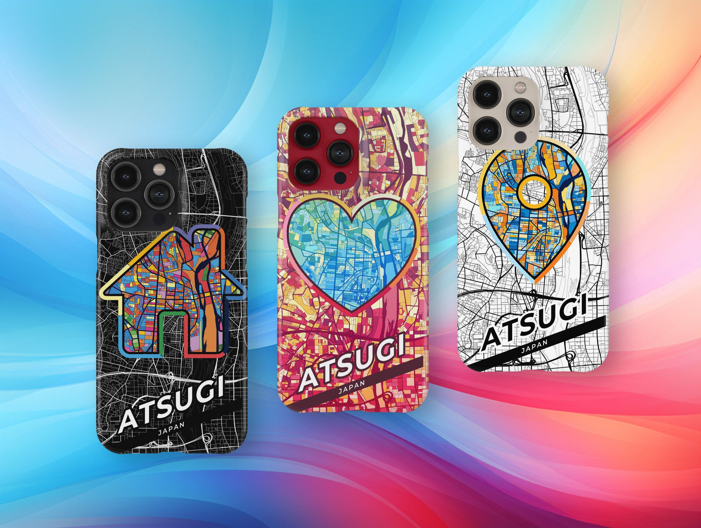Atsugi Japan slim phone case with colorful icon. Birthday, wedding or housewarming gift. Couple match cases.