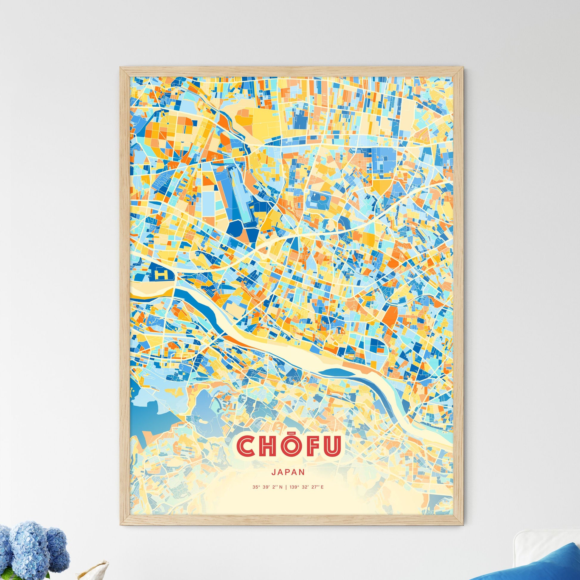 Colorful CHŌFU JAPAN Fine Art Map Blue Orange