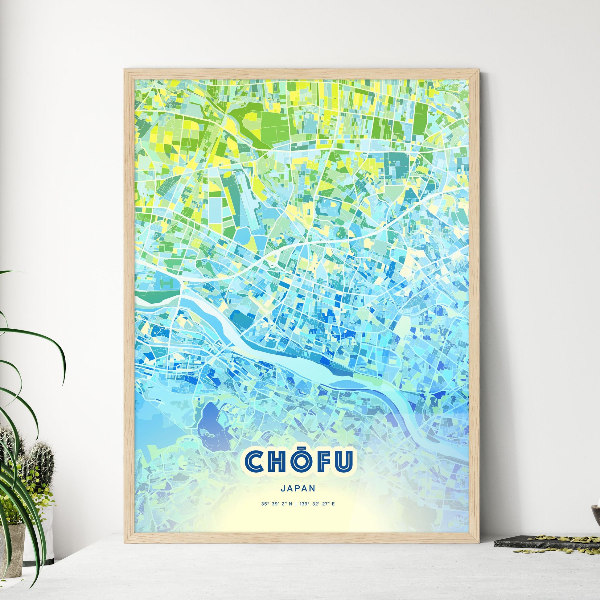 Colorful CHŌFU JAPAN Fine Art Map Cool Blue