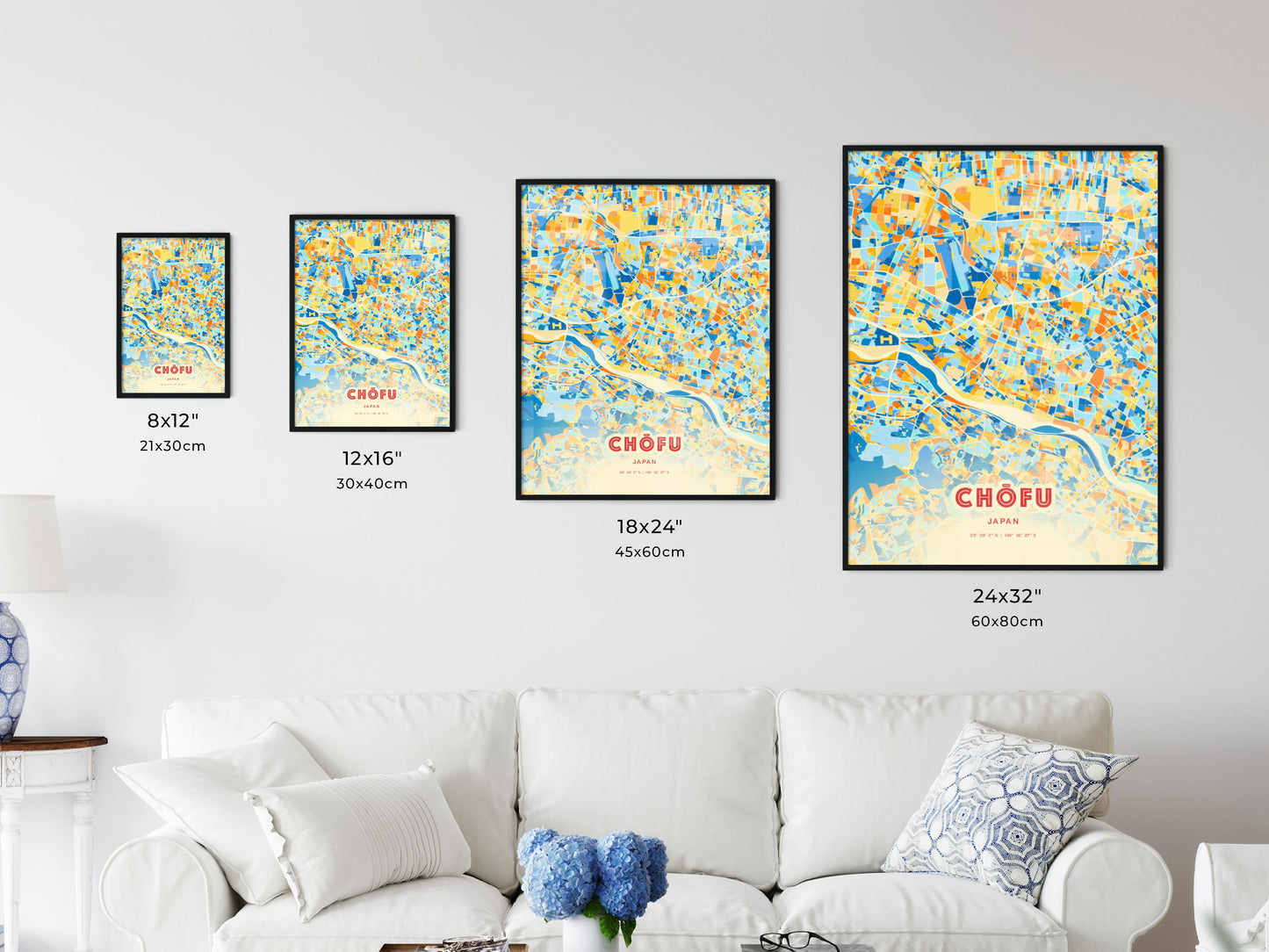 Colorful CHŌFU JAPAN Fine Art Map Blue Orange