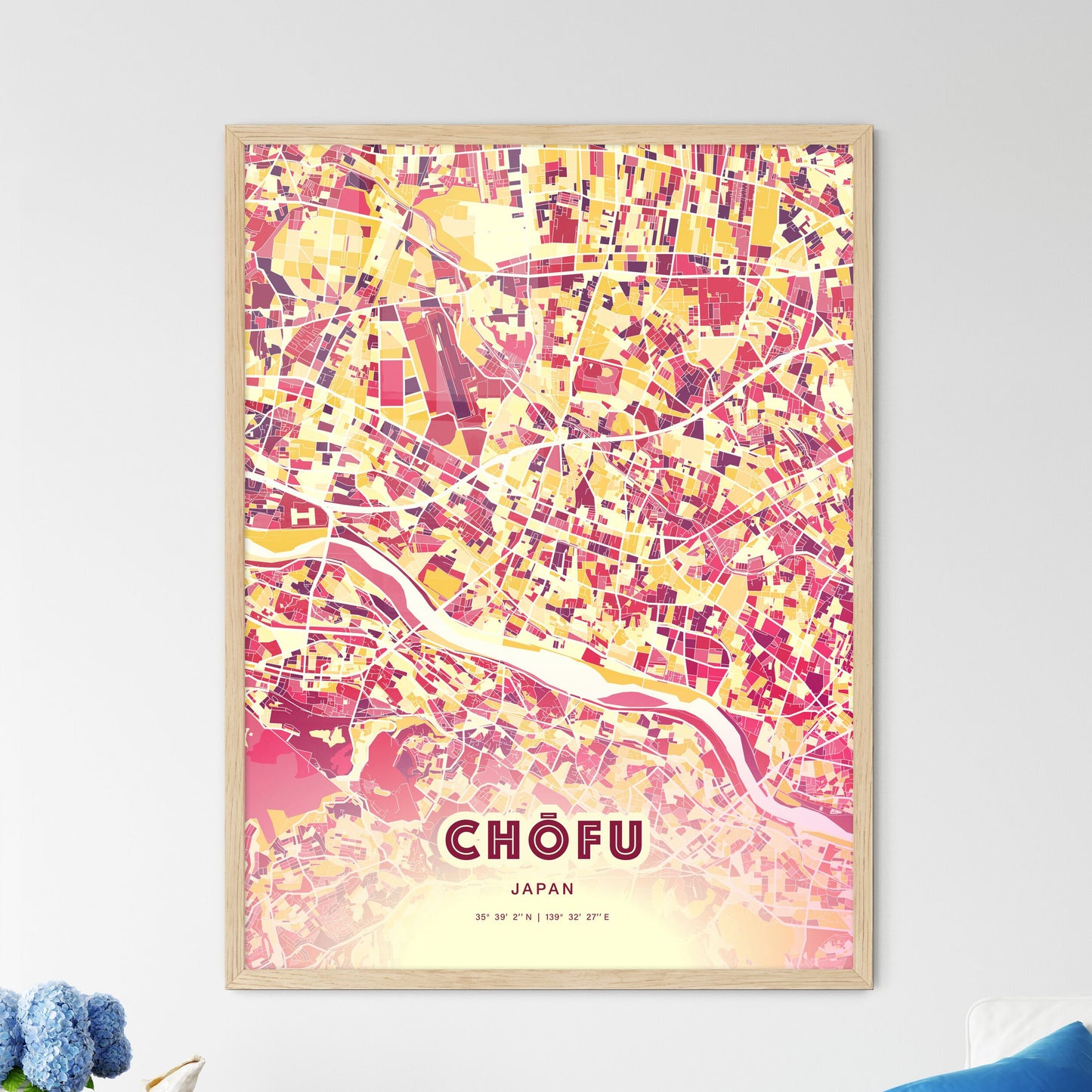 Colorful CHŌFU JAPAN Fine Art Map Hot Red