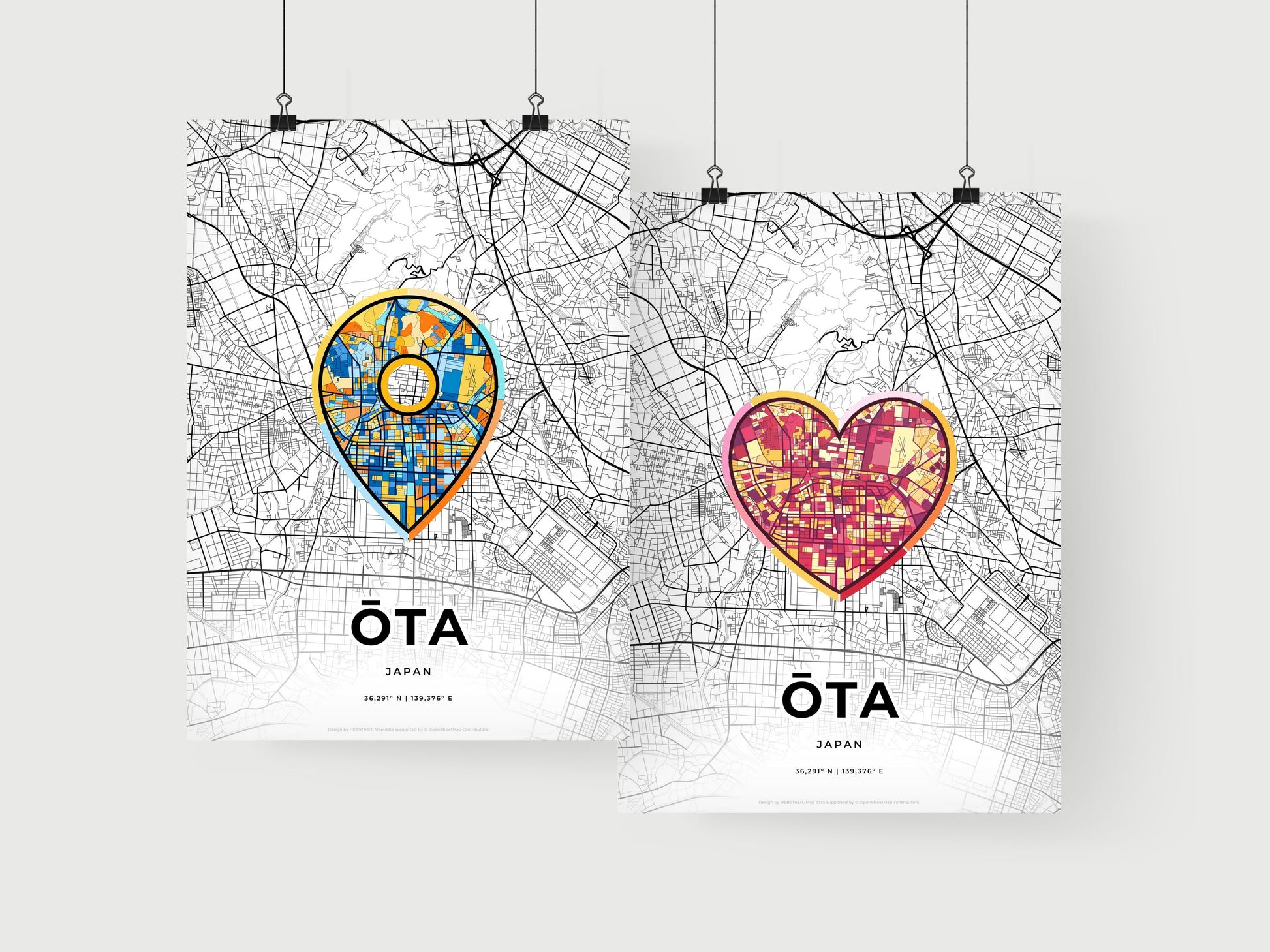 ŌTA JAPAN minimal art map with a colorful icon. Where it all began, Couple map gift.