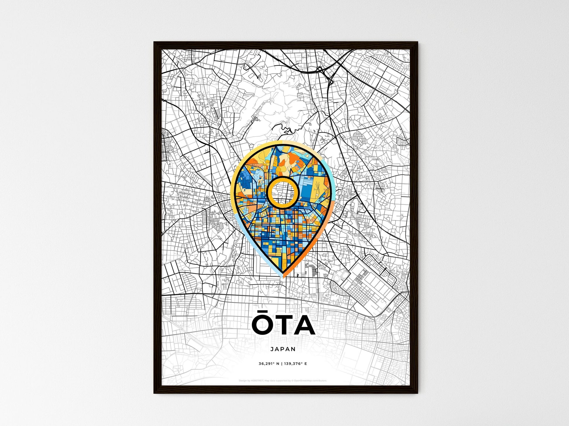 ŌTA JAPAN minimal art map with a colorful icon. Where it all began, Couple map gift. Style 1