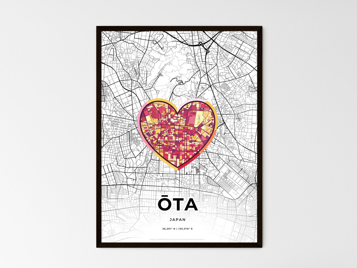 ŌTA JAPAN minimal art map with a colorful icon. Where it all began, Couple map gift. Style 2