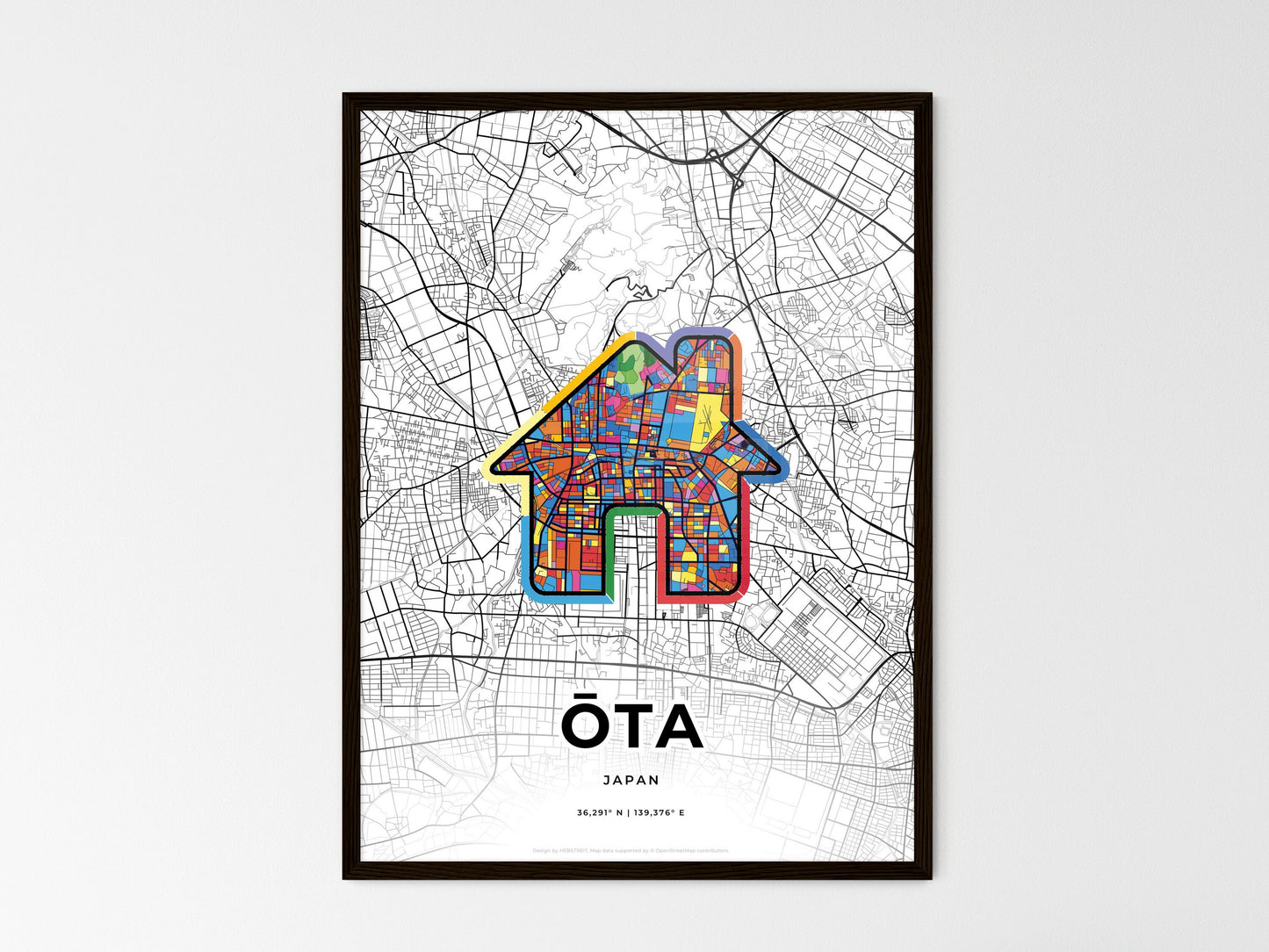 ŌTA JAPAN minimal art map with a colorful icon. Where it all began, Couple map gift. Style 3