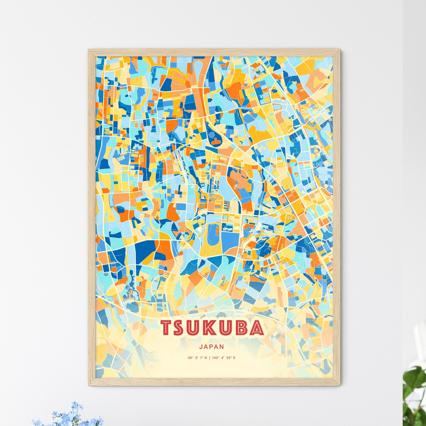 Colorful TSUKUBA JAPAN Fine Art Map Blue Orange