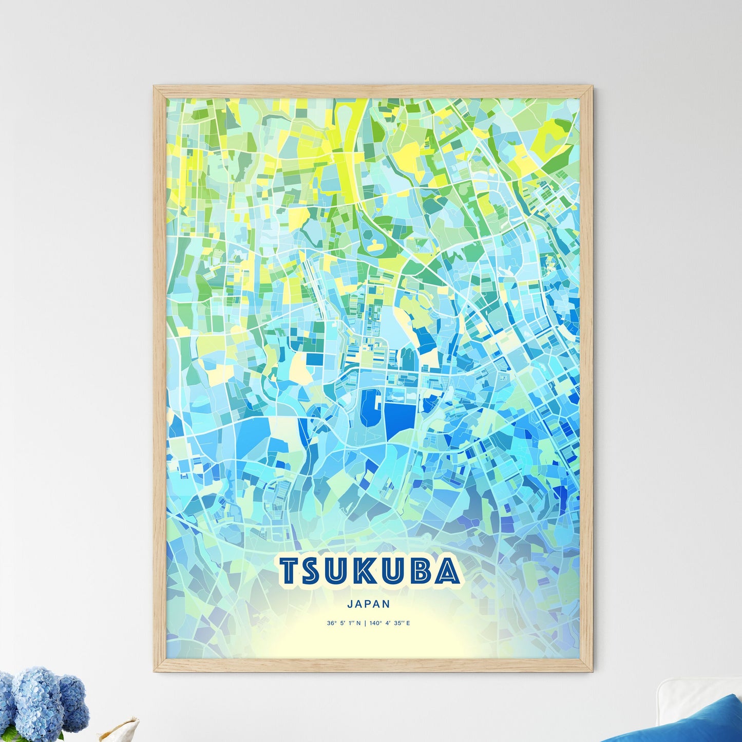 Colorful TSUKUBA JAPAN Fine Art Map Cool Blue