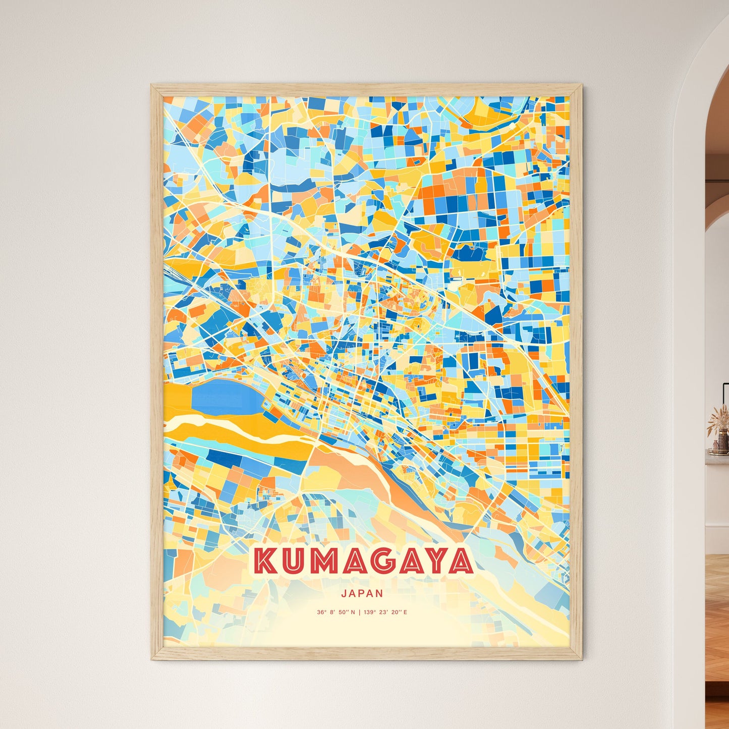 Colorful KUMAGAYA JAPAN Fine Art Map Blue Orange