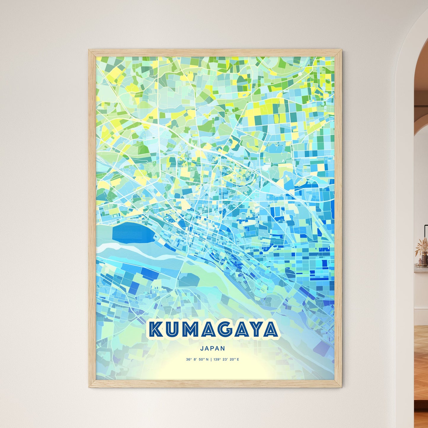 Colorful KUMAGAYA JAPAN Fine Art Map Cool Blue