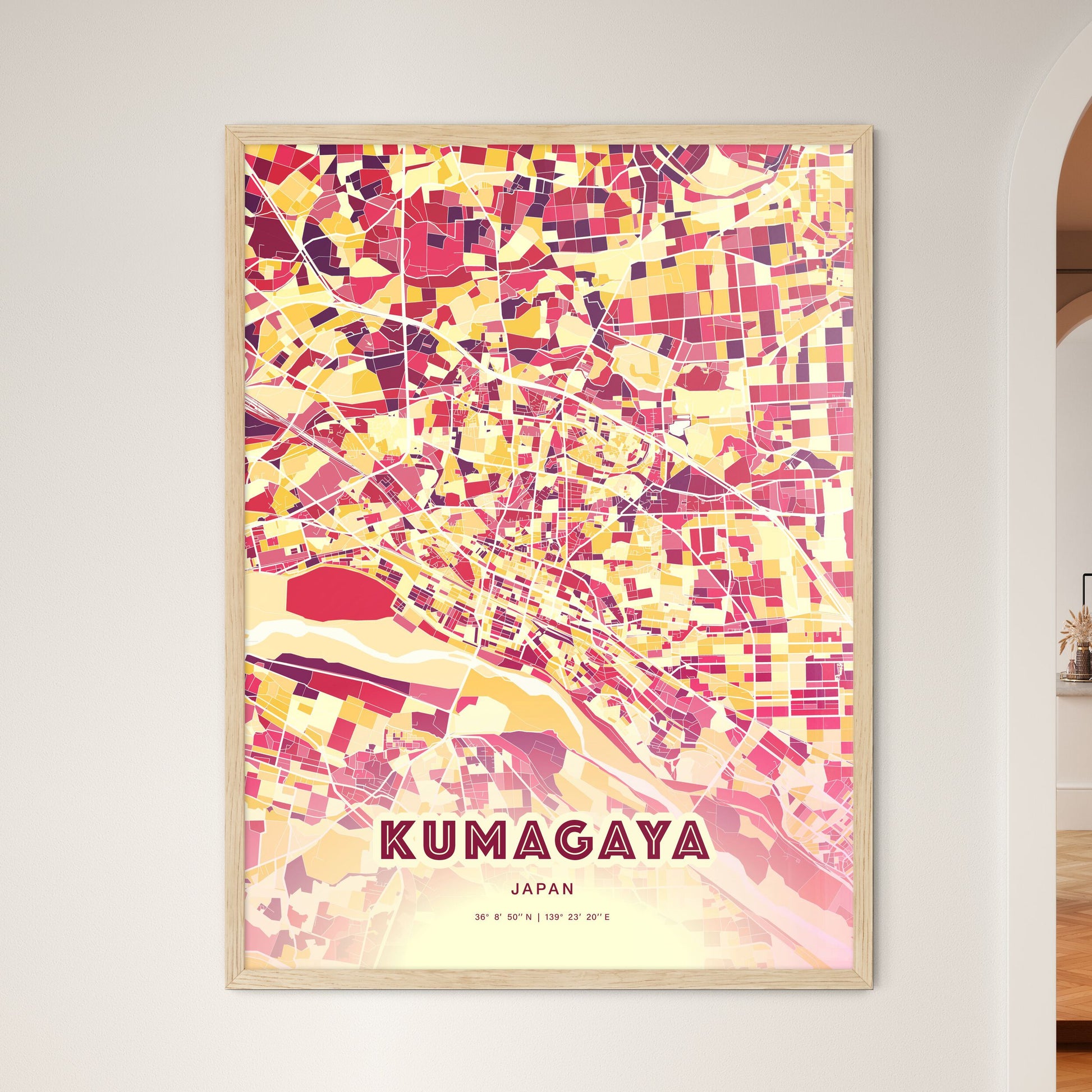 Colorful KUMAGAYA JAPAN Fine Art Map Hot Red