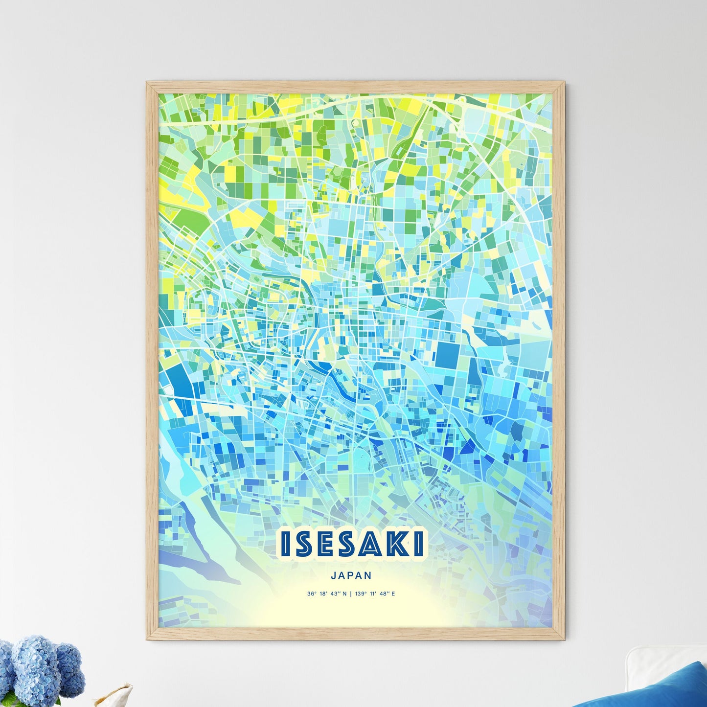 Colorful ISESAKI JAPAN Fine Art Map Cool Blue