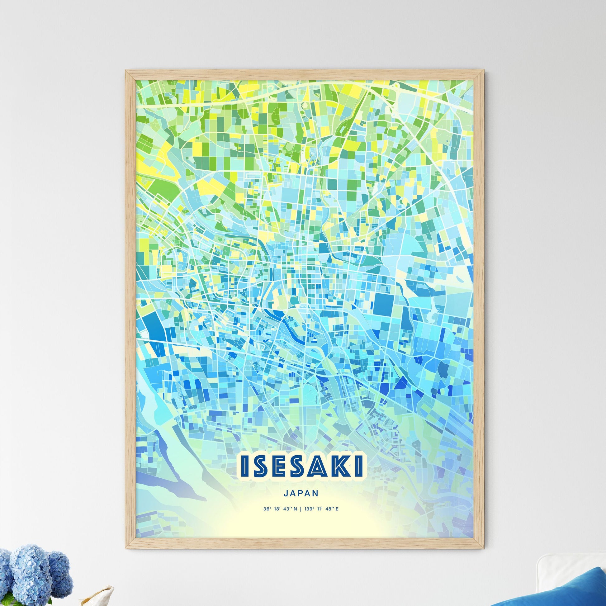 Colorful ISESAKI JAPAN Fine Art Map Cool Blue