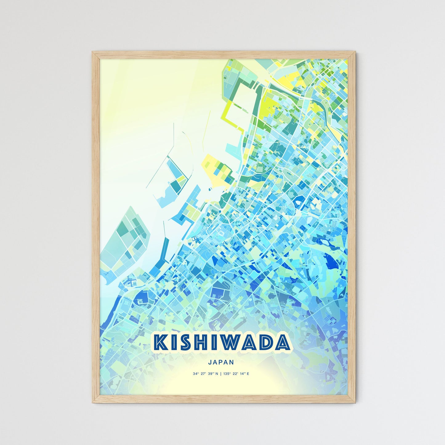 Colorful KISHIWADA JAPAN Fine Art Map Cool Blue