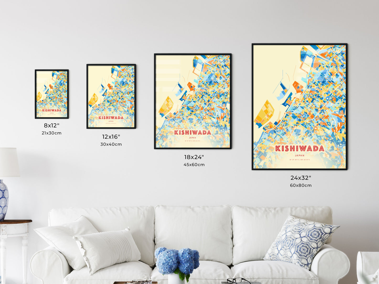 Colorful KISHIWADA JAPAN Fine Art Map Blue Orange