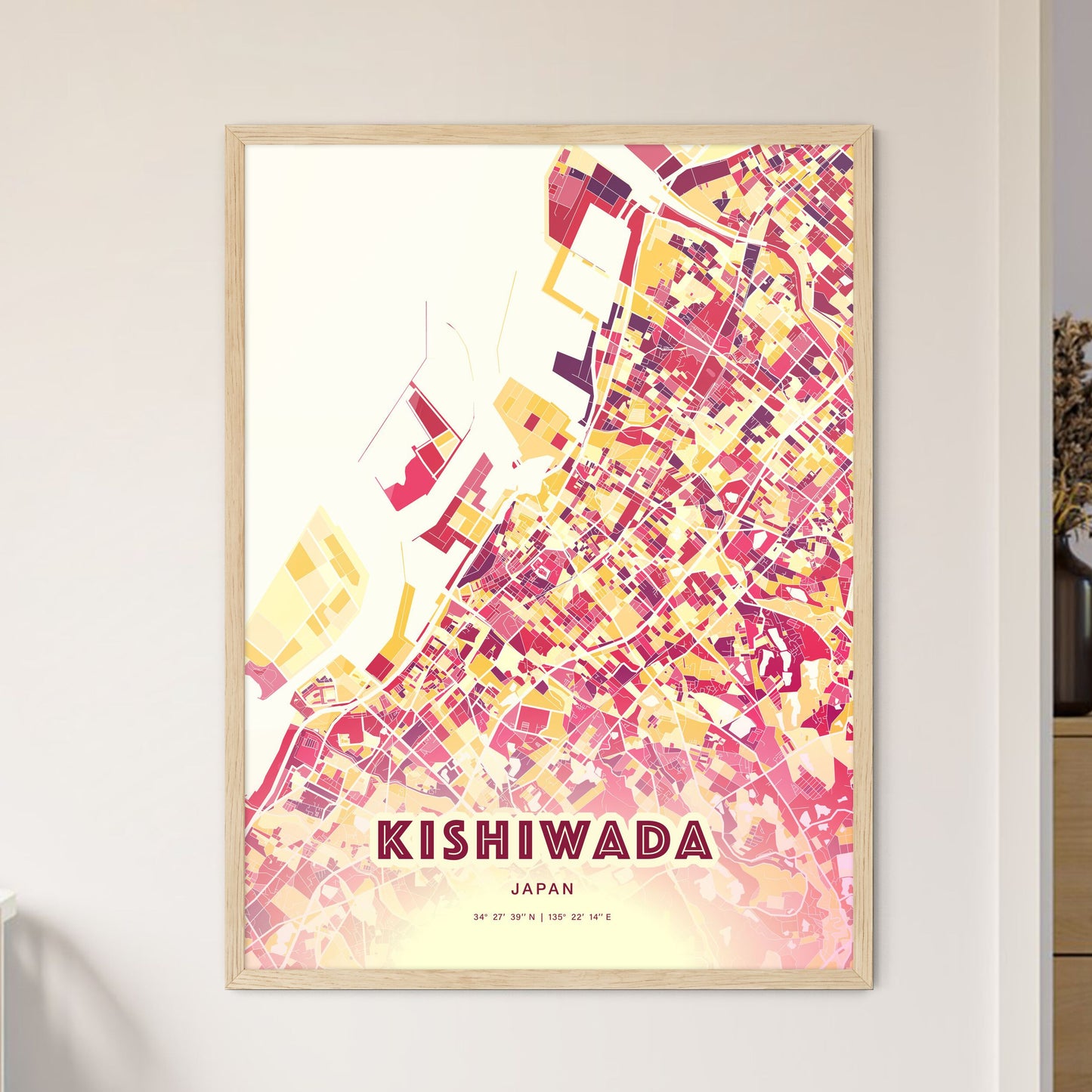 Colorful KISHIWADA JAPAN Fine Art Map Hot Red