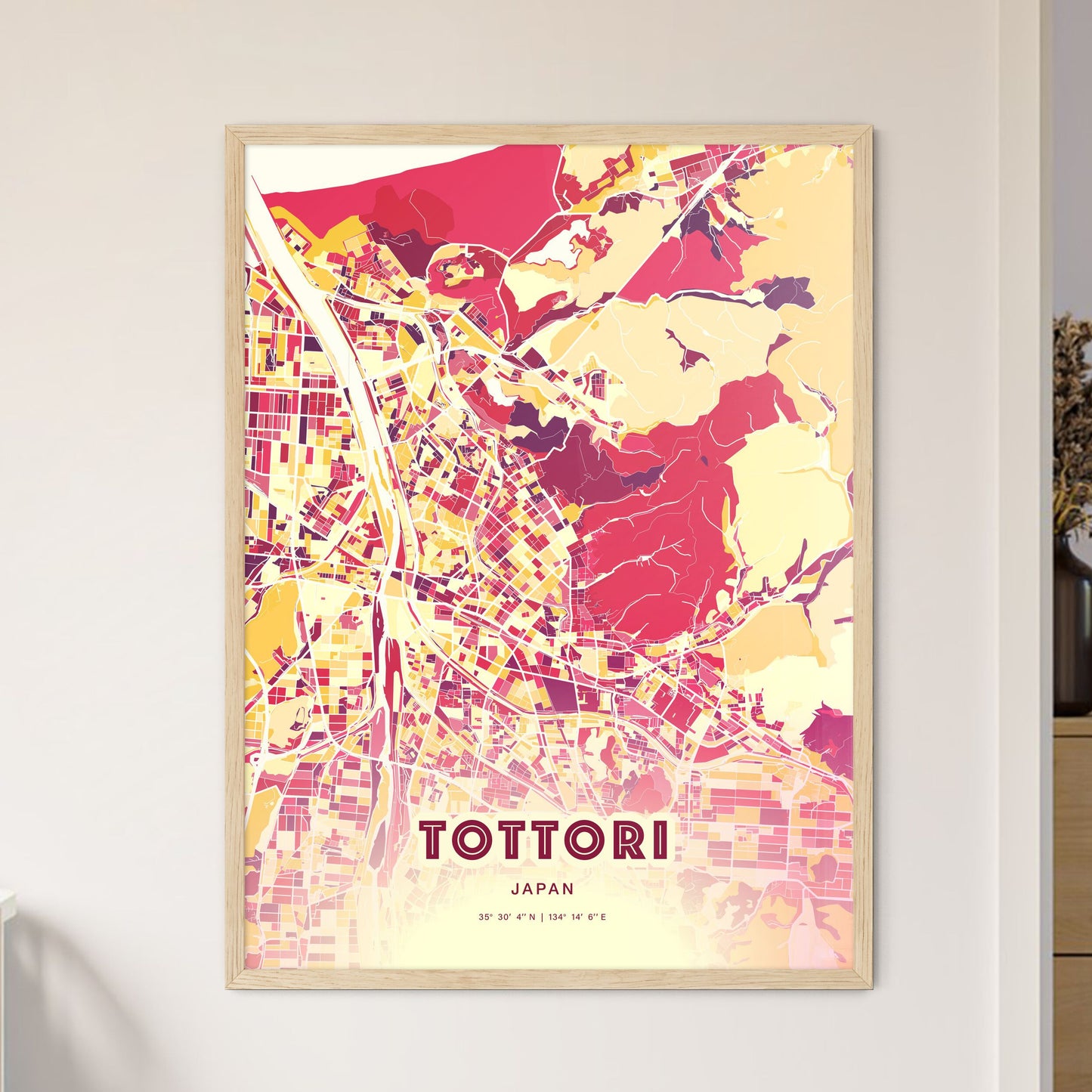 Colorful TOTTORI JAPAN Fine Art Map Hot Red