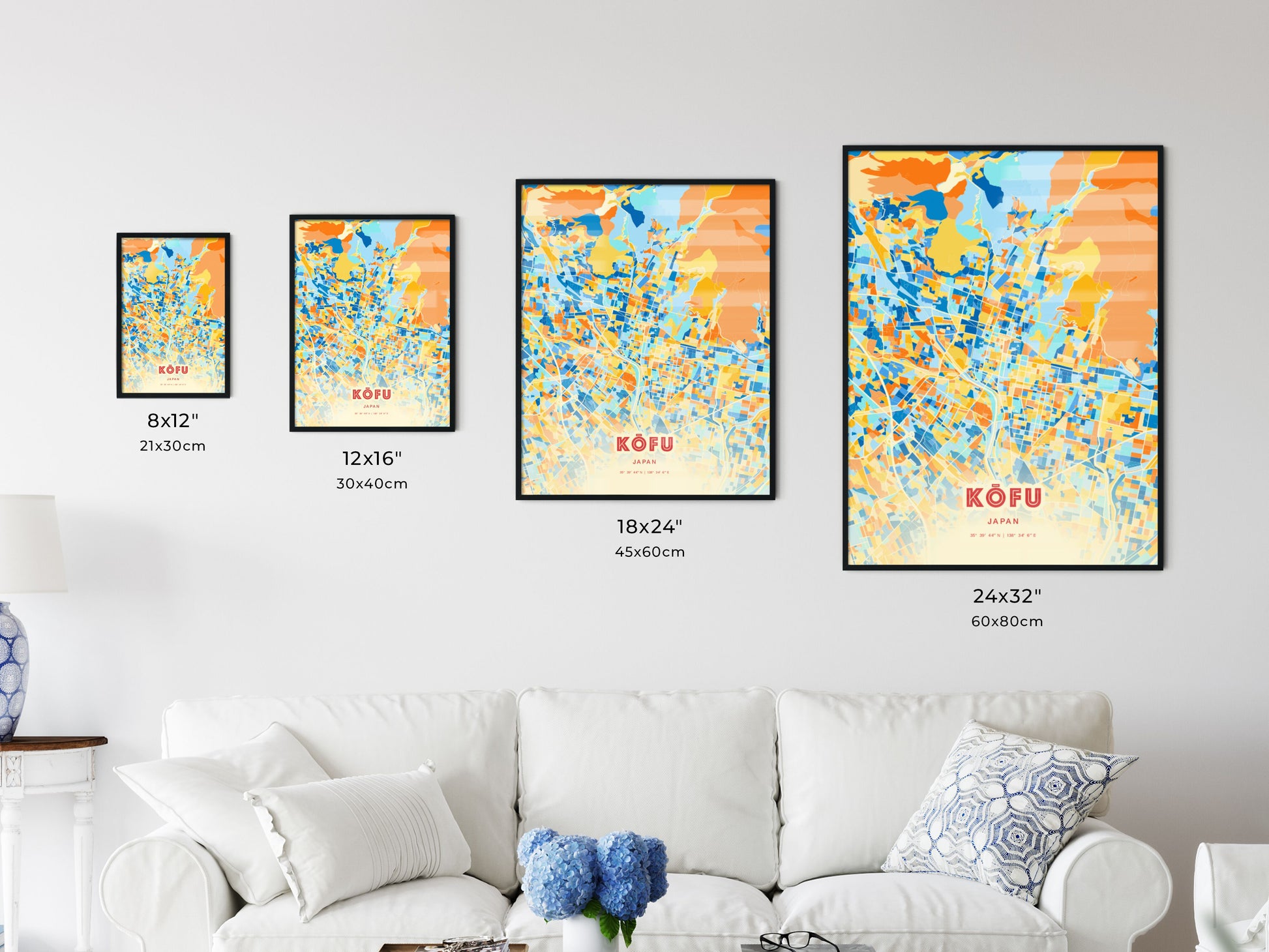 Colorful KŌFU JAPAN Fine Art Map Blue Orange