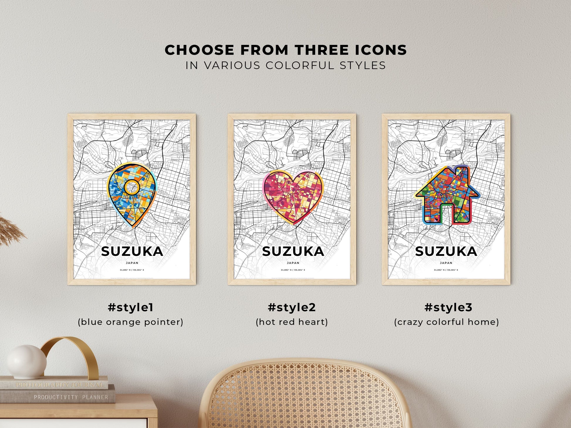 SUZUKA JAPAN minimal art map with a colorful icon.