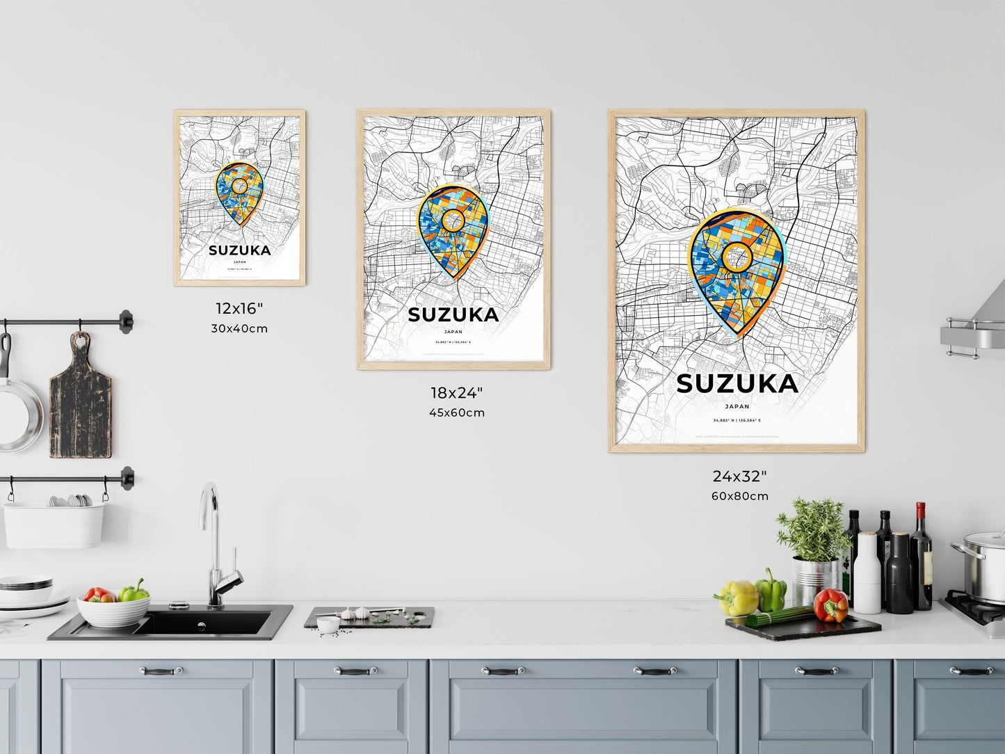 SUZUKA JAPAN minimal art map with a colorful icon.
