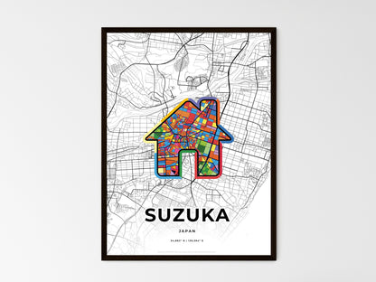 SUZUKA JAPAN minimal art map with a colorful icon. Style 3